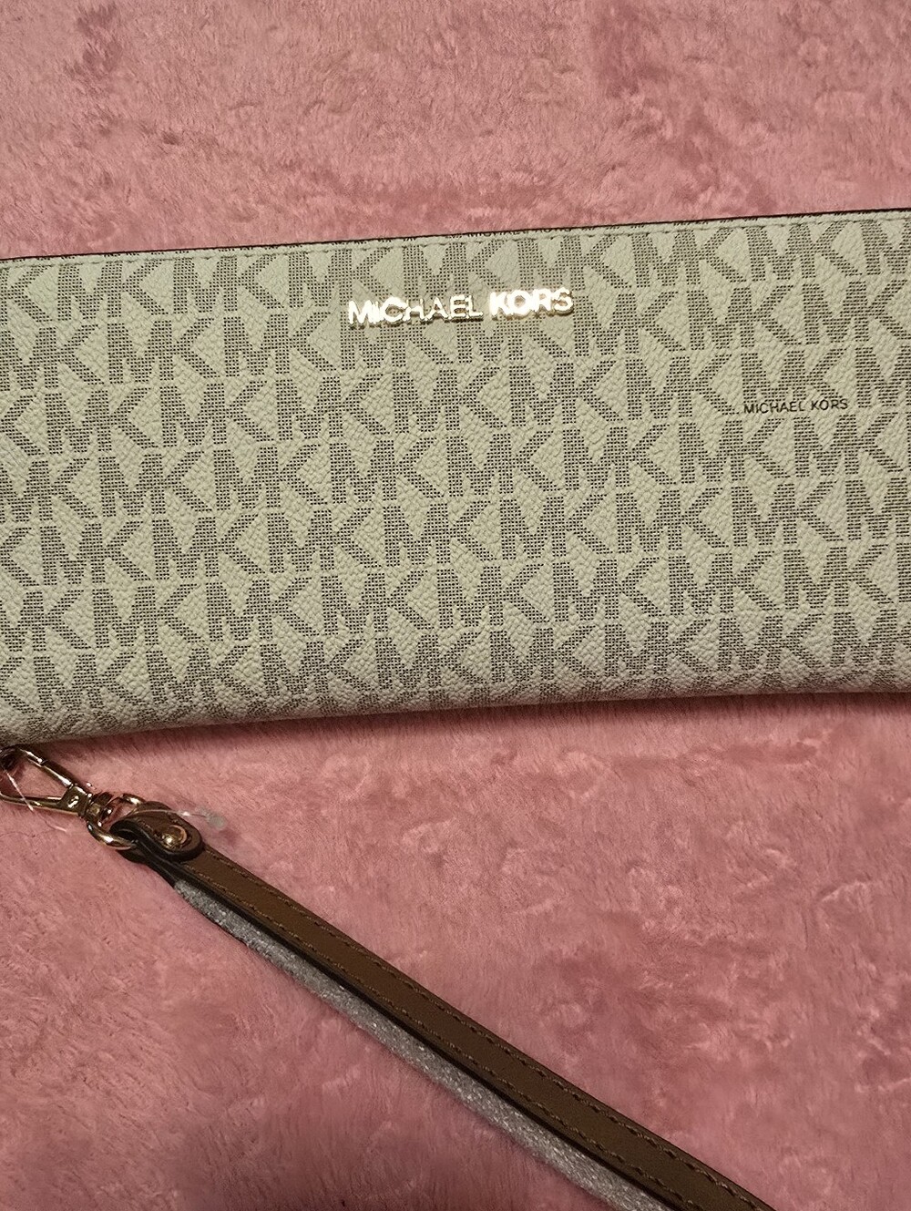 Michael Kors Light Gray Pebbled Leather Wristlet with Gold Logo
